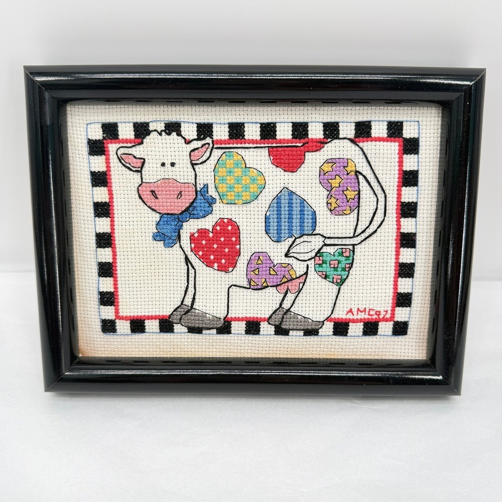 Framed Cross Stitch Patchwork Heart Cow Country Cottage Core Decor Folk Art